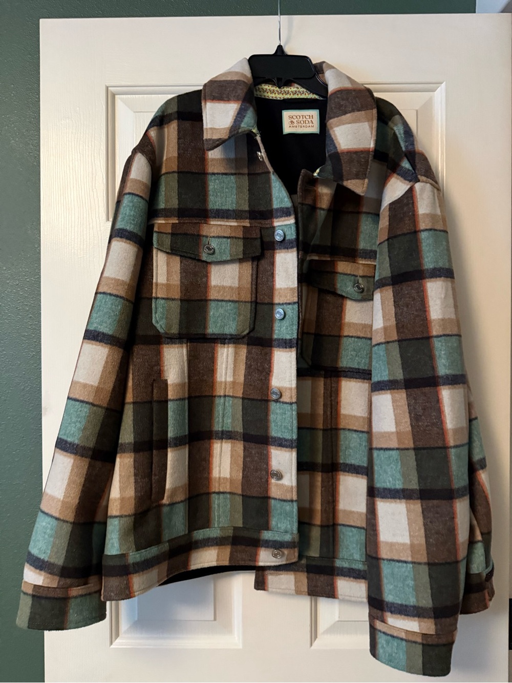 Scotch & Soda Kids Plaid Shacket in Mint Green, Brown & Cream